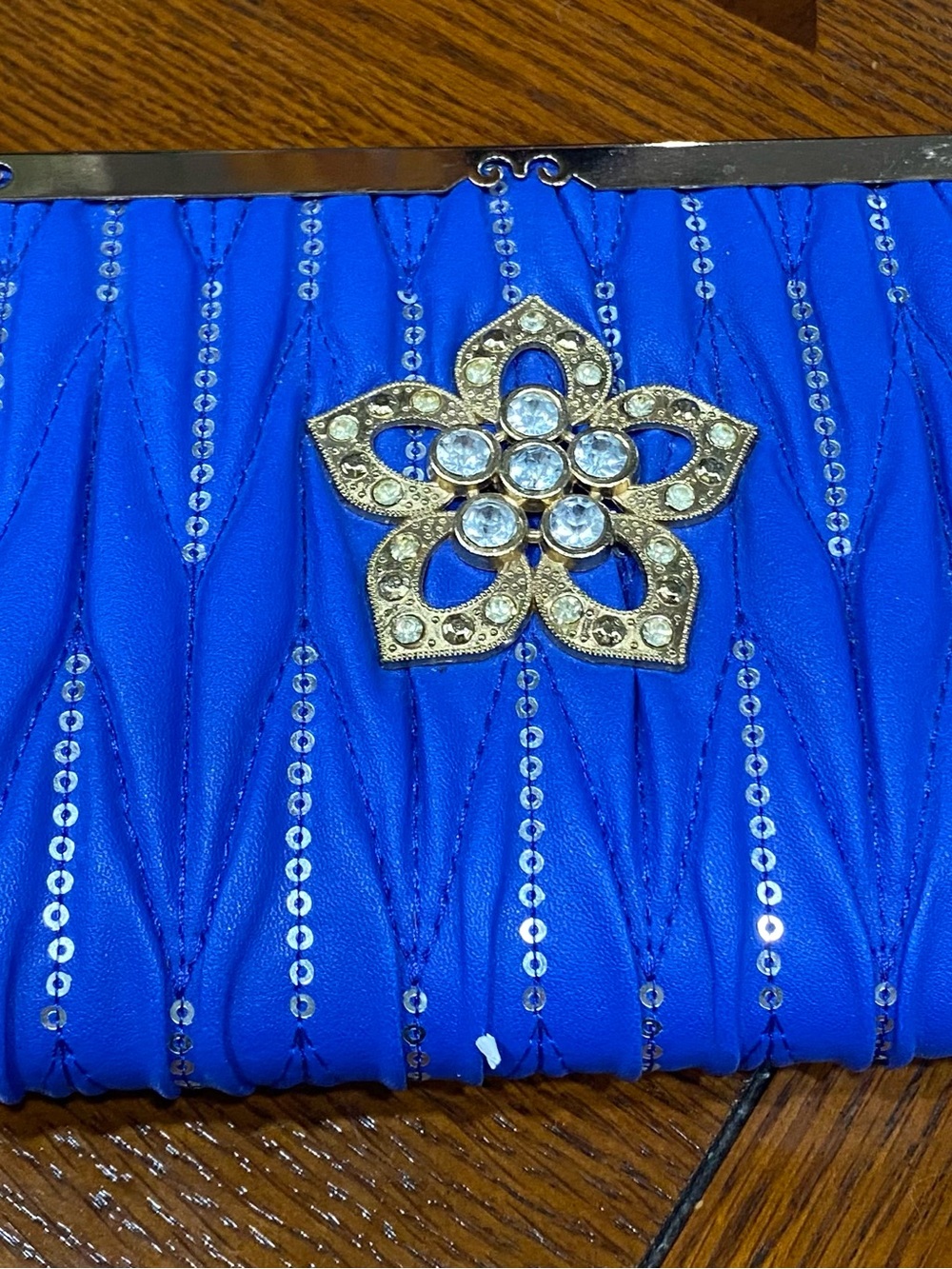 Blue Embellished Evening Clutch with Rhinestone Flower
